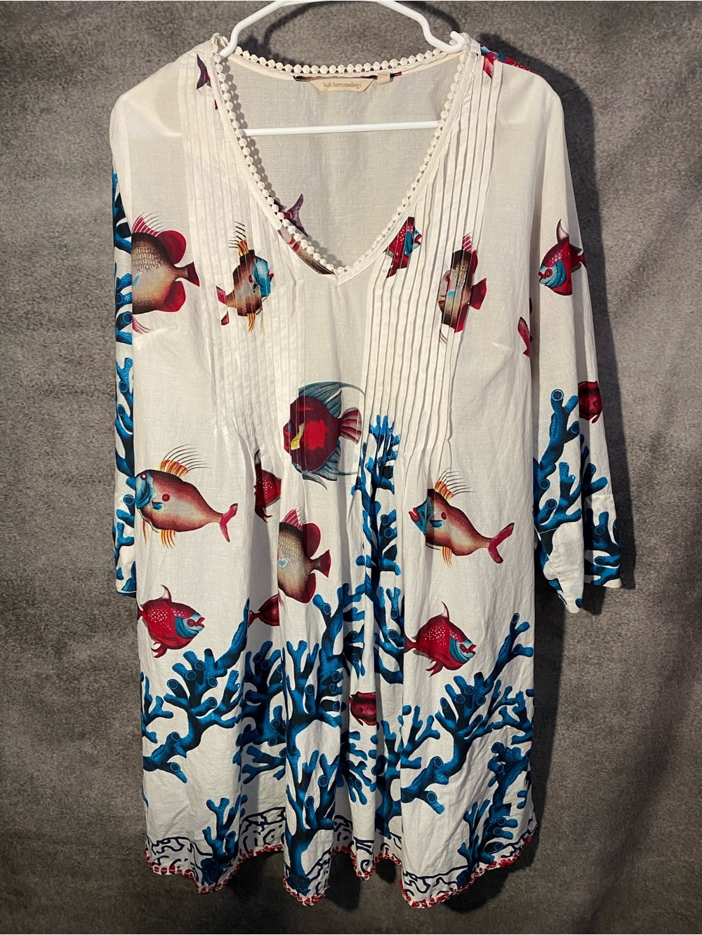 Soft Surroundings Seychelles Tunic Dress M Ocean Fish Coral Print Beaded VNeck